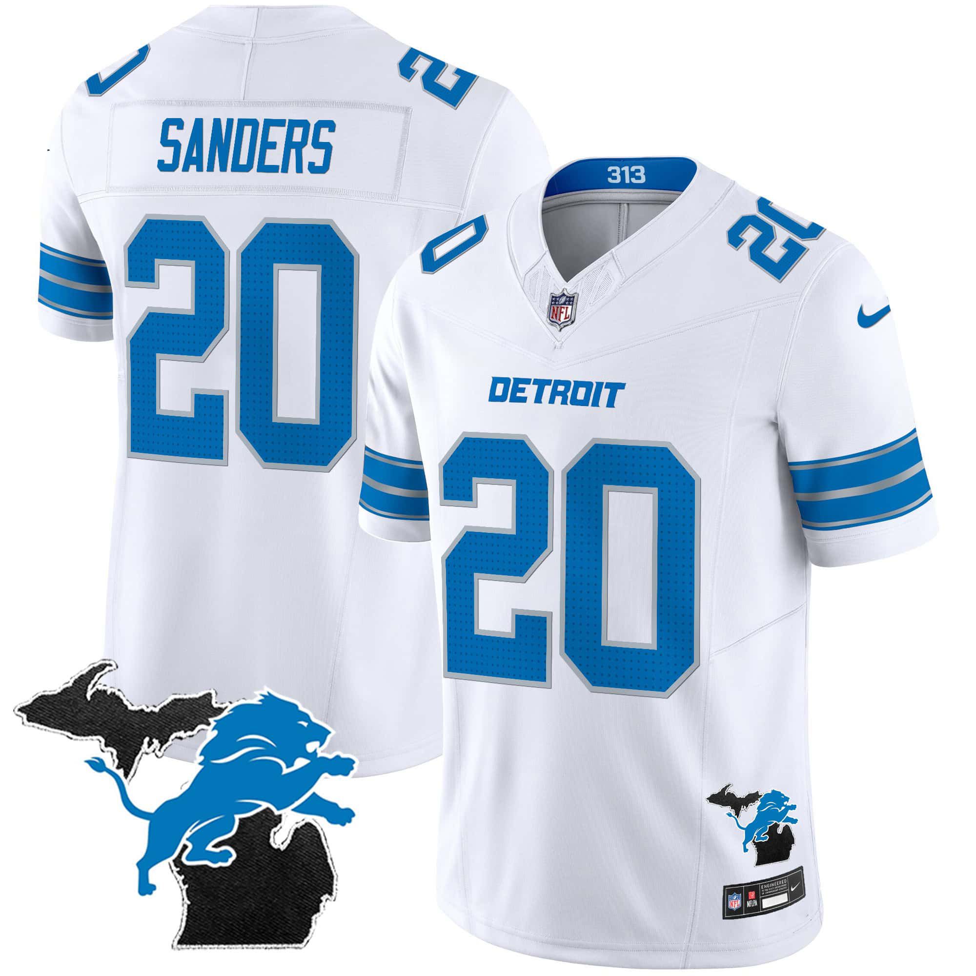 Men Detroit Lions 20 Sanders White 2024 Nike Michigan Patch Vapor Limited NFL Jersey